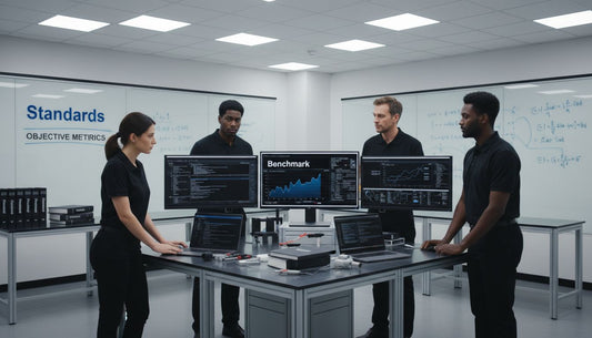 Scientists reviewing benchmark standards in laboratory