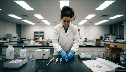 Scientist organizing affordable lab equipment in university lab