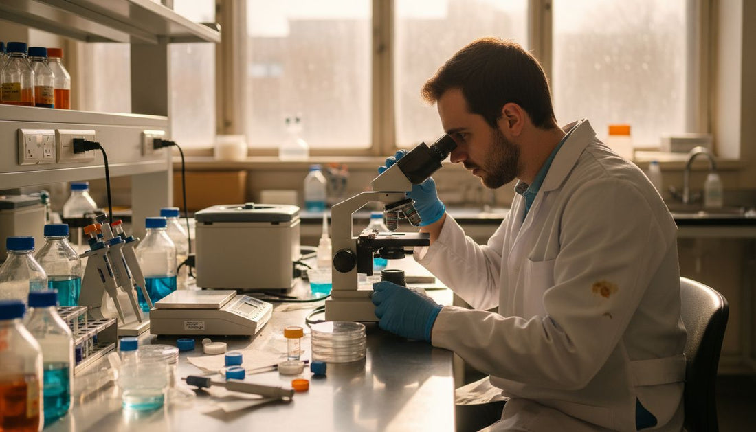 Lab technician with multiple laboratory equipment at bench