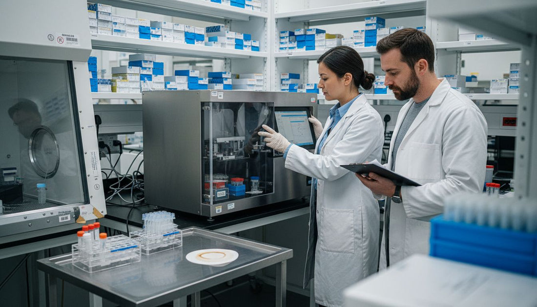 Researchers operating automated genomics lab robot