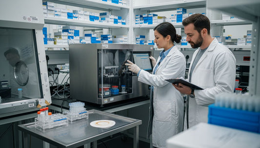 Researchers operating automated genomics lab robot