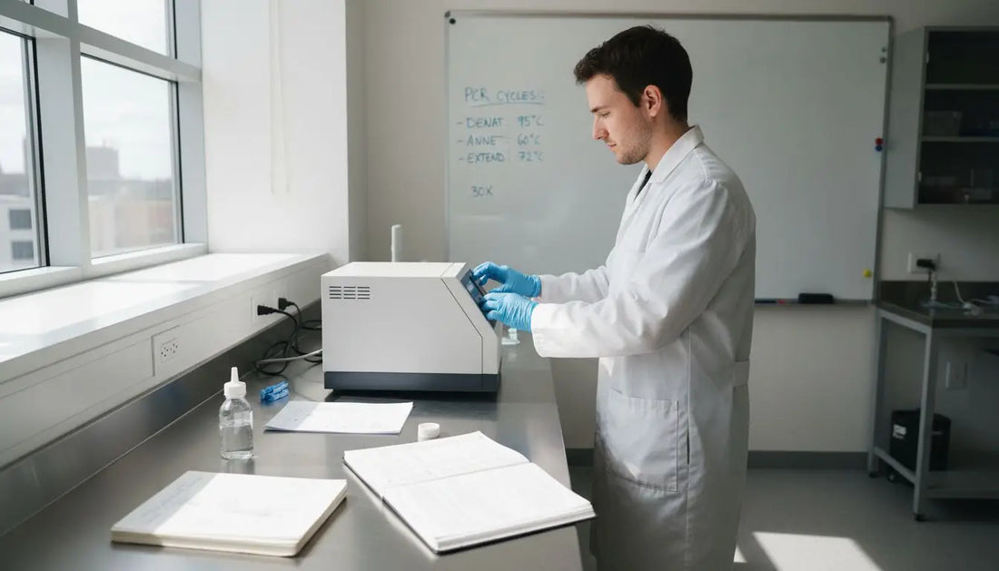 Technician adjusting affordable PCR machine in lab