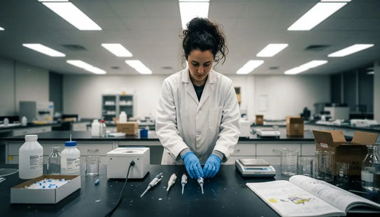 Scientist organizing affordable lab equipment in university lab