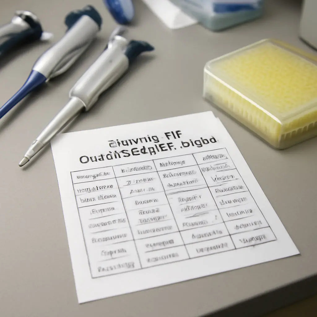 A lab bench with various pipettes and a printed tip compatibility chart open beside a set of pipette tips. Alt: Pipette tip compatibility chart on a lab bench.