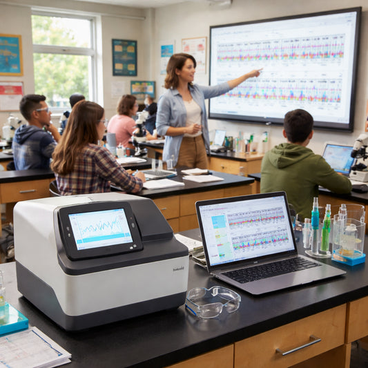 A photorealistic classroom lab scene showing a bench-top sequencing instrument, students at lab benches, a teacher guiding data on a screen, in a modern high school lab. Alt: entry level sequencing equipment for classrooms in a real-world classroom.