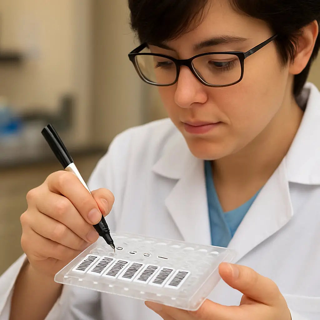 A researcher carefully labeling qPCR plate wells with clear barcoded stickers, focusing on accurate sample identification. Alt: qPCR sample preparation labeling for melt curve analysis.