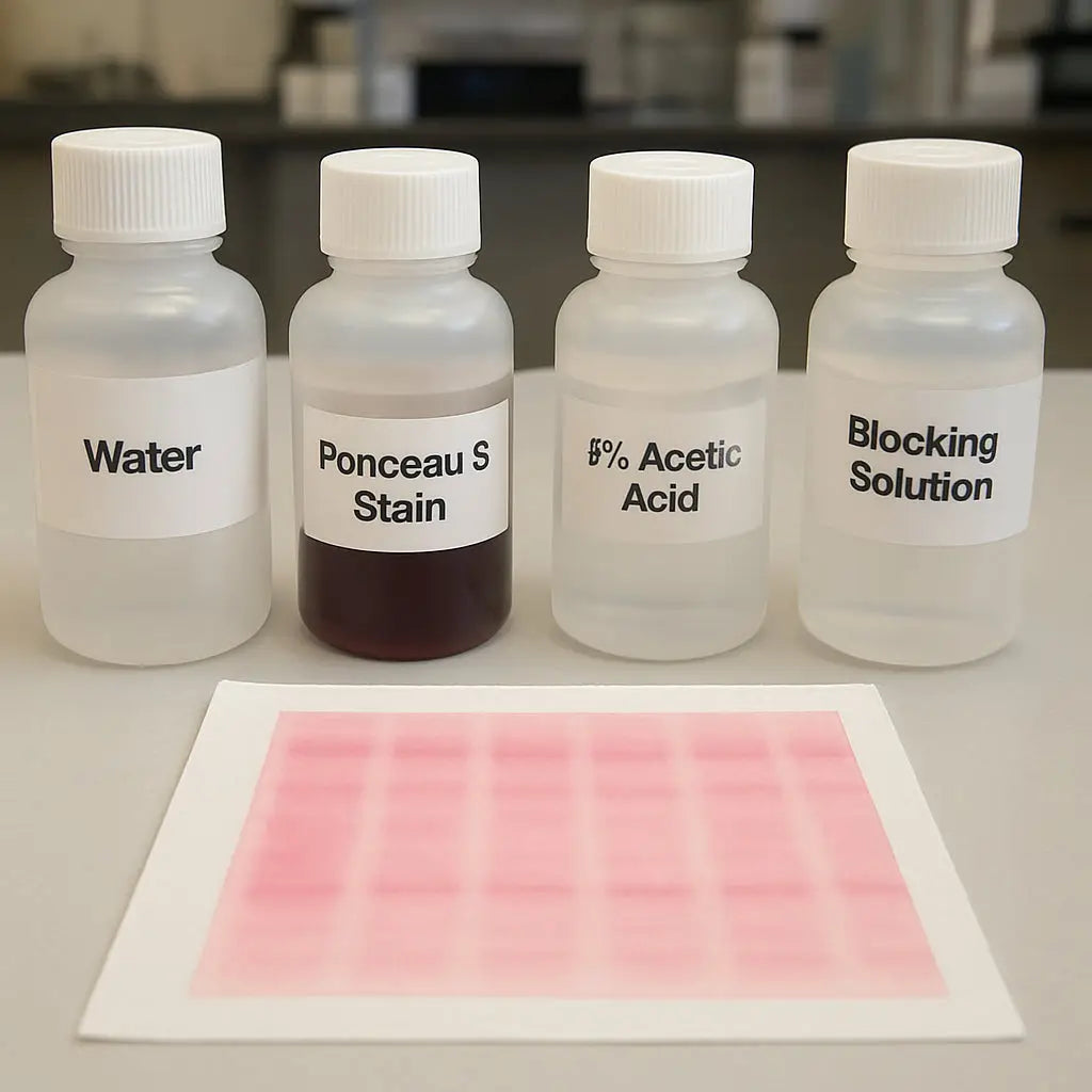 A lab bench with labeled reagent bottles and a membrane stained with Ponceau S. Alt: Ponceau S staining protocol reagents and solutions