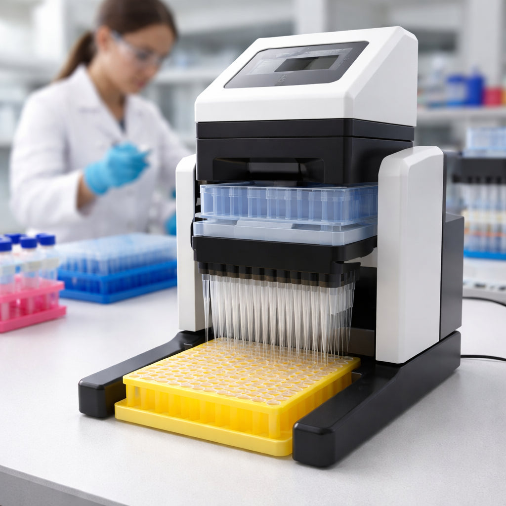 A photorealistic lab bench showing an affordable high-throughput pipette tip dispenser loading tips into a 96‑well plate, with bright lighting and a researcher in the background, realistic style.