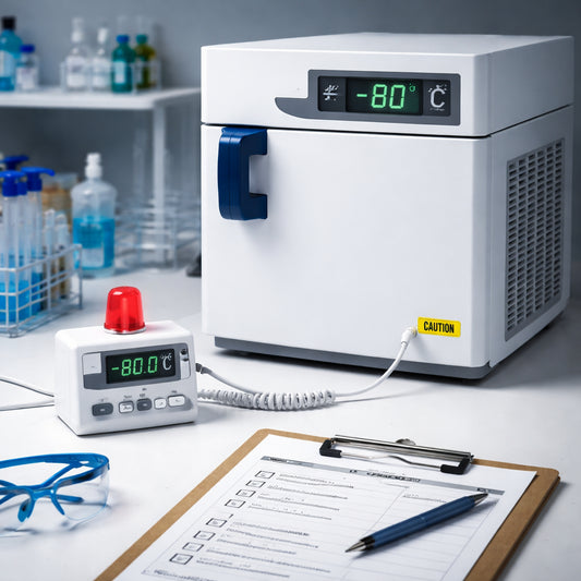 A photorealistic lab scene showing a compact ultra‑low freezer, a small audible alarm unit attached to the temperature probe, and a checklist paper on the bench. Alt: Affordable lab freezer alarm setup on a research bench.