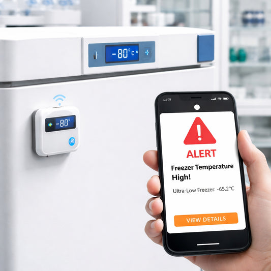 A photorealistic lab scene showing a compact temperature sensor attached to a standard ultra‑low freezer, with a smartphone displaying an alert message. Alt: affordable lab freezer alarm system in use.