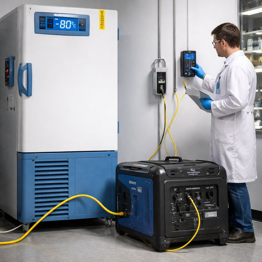 A photorealistic lab scene showing a compact backup generator next to an ultra‑low temperature freezer, with a researcher checking a power meter. Alt: affordable lab freezer backup generator setup in a research lab. Style: Realism