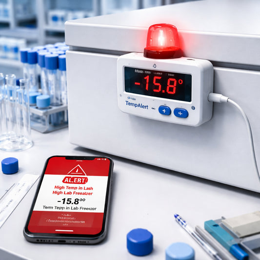 A photorealistic lab bench with a compact temperature monitor attached to a freezer, showing a bright red alarm light and a phone displaying a temperature alert. Alt: Affordable lab freezer temperature monitor on a lab bench, realistic style.