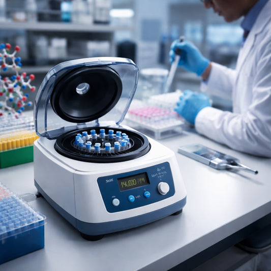 A photorealistic lab bench with an affordable microcentrifuge spinning small tubes, showing a digital display of speed and temperature, realistic lighting, focused on a researcher in a genomics lab. Alt: affordable microcentrifuge for genomics