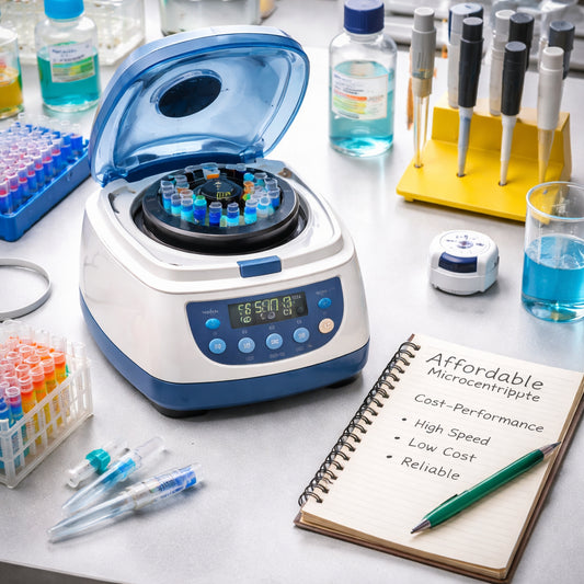 A photorealistic lab bench showing an affordable microcentrifuge beside a notebook with cost‑performance notes. Alt: affordable microcentrifuge for labs cost performance comparison.