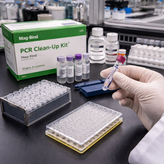 A photorealistic lab bench with a researcher holding a small tube of purified PCR product, magnetic bead cleanup kit open on the counter, and a 96‑well plate ready for use. Alt: Affordable PCR cleanup kit for research in a realistic lab setting.
