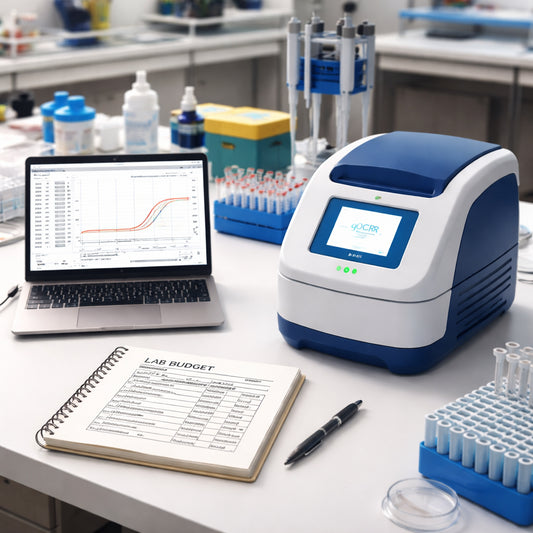 A photorealistic lab bench with a compact qPCR machine, a laptop displaying data, and a notebook with a budget table. Alt: affordable qPCR machine for small labs in a realistic lab setting.