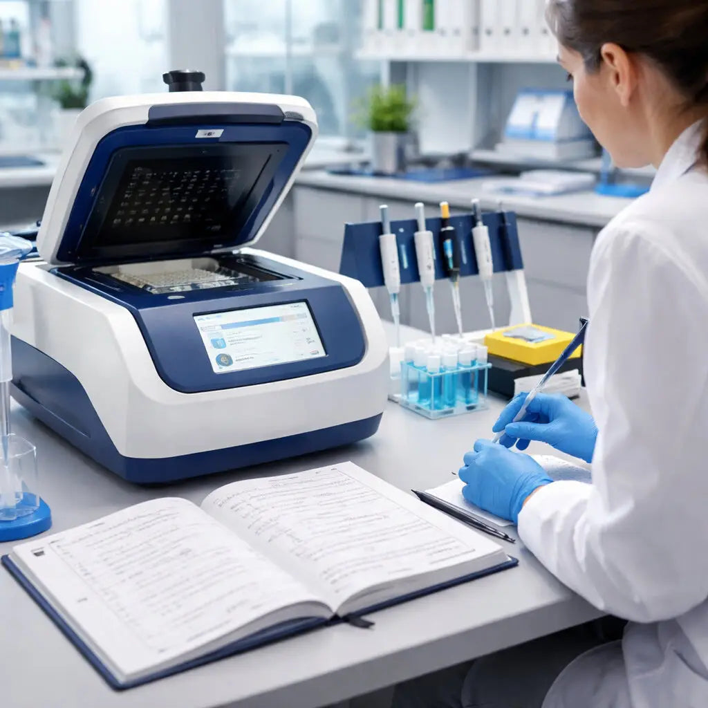 affordable qPCR machine on a lab bench with researcher.