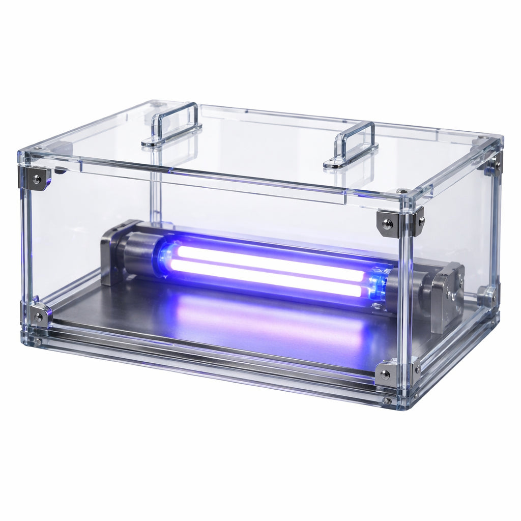 A realistic acrylic box with a UV lamp inside, showing clear panels, brackets, and a removable lid. Alt: DIY UV transilluminator housing with acrylic panels and UV light source.