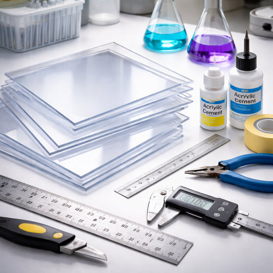 Materials needed for building a cheap gel casting tray for agarose gels including acrylic sheets and tools.