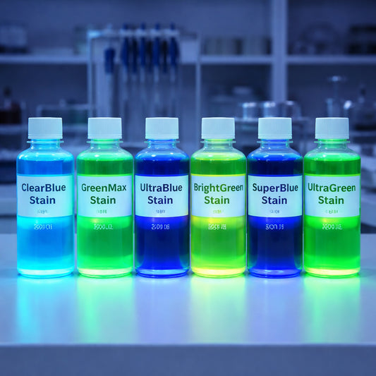 Budget-friendly electrophoresis gel stains comparison showing fluorescent dyes under blue light