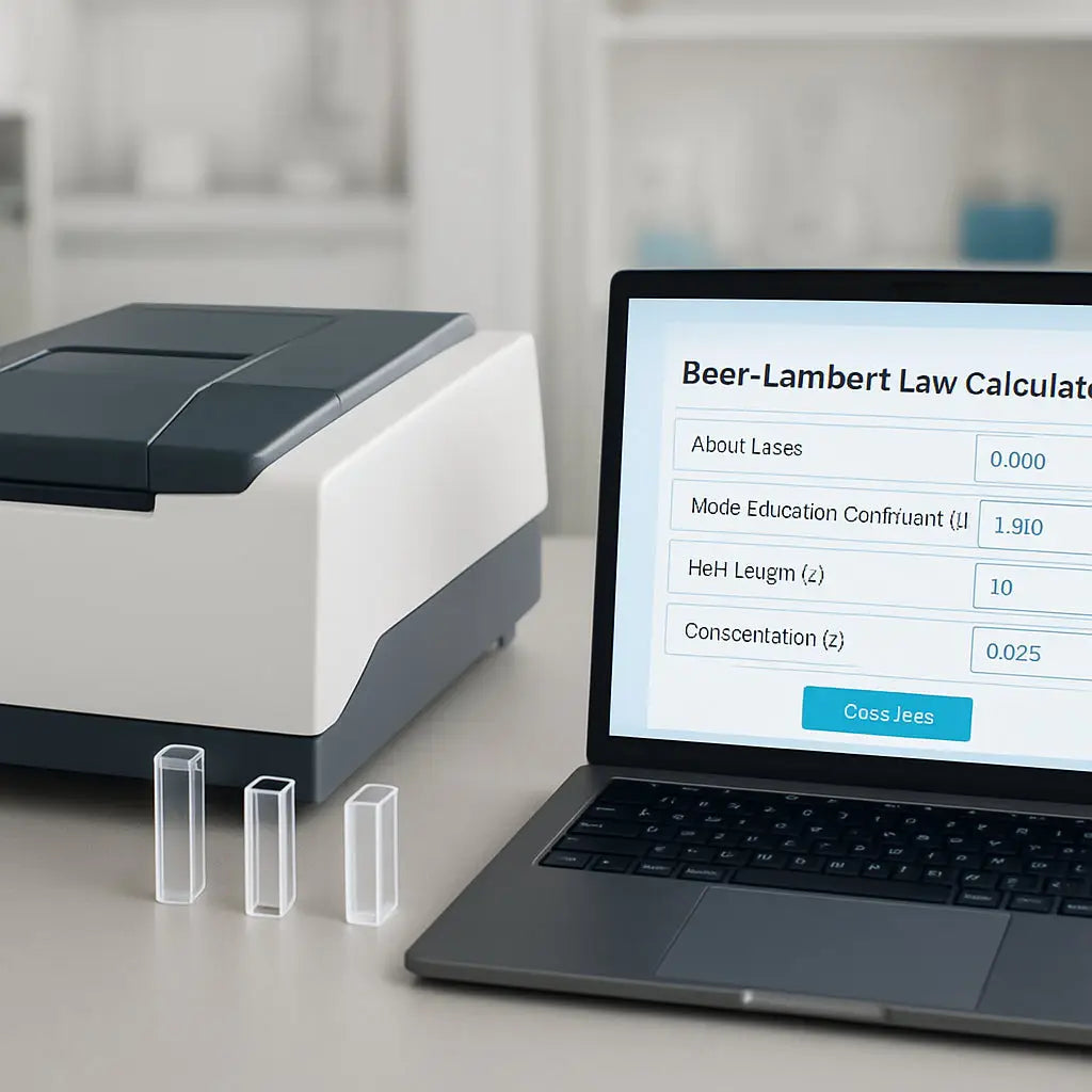 A lab bench with a spectrophotometer, cuvettes of different sizes, and a laptop screen showing a Beer‑Lambert law calculator interface. Alt: Beer Lambert law calculator example in a modern laboratory setting.