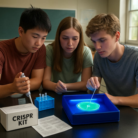 A photorealistic classroom lab bench with high school students using a beginner-friendly CRISPR kit, glowing bacterial colonies under a UV light, realistic lighting. Alt: beginner friendly CRISPR gene editing activities for high school