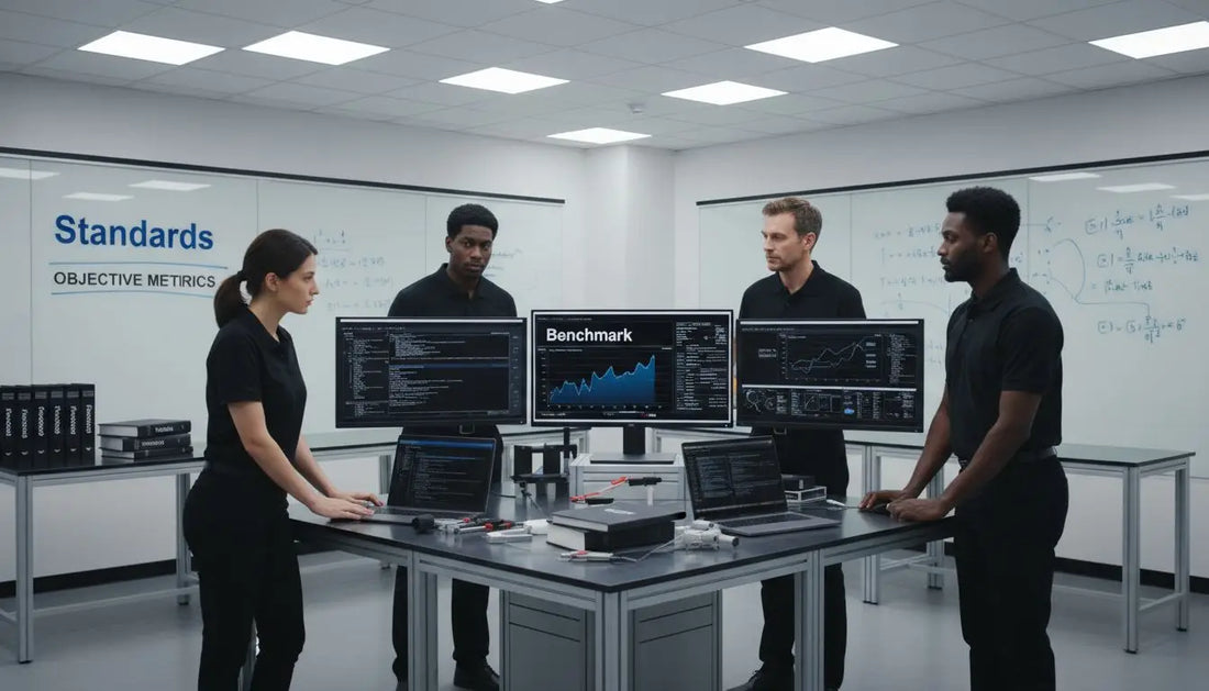 Scientists reviewing benchmark standards in laboratory