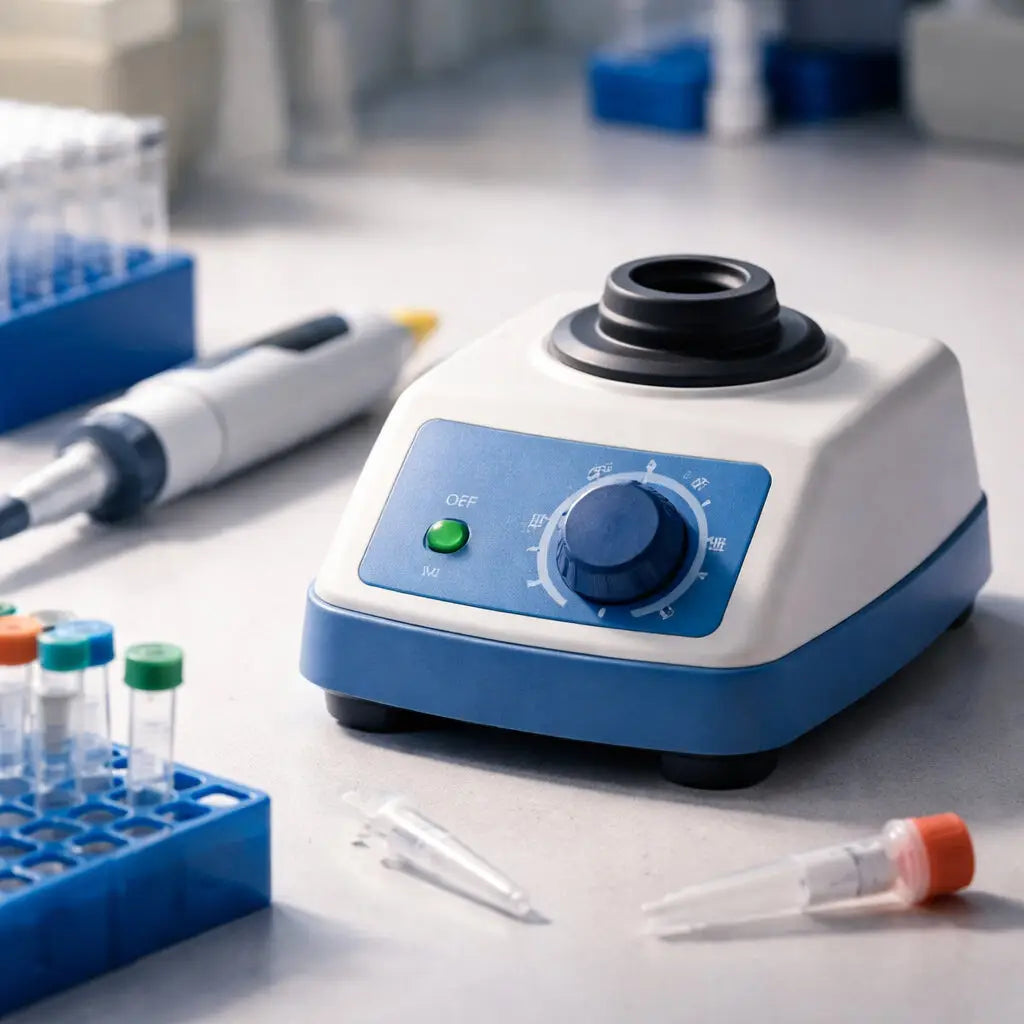 A realistic close‑up of a lab bench with a compact vortex mixer, a pipette, and microcentrifuge tubes, soft lighting, fo