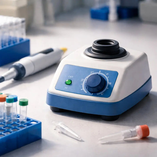 A realistic close‑up of a lab bench with a compact vortex mixer, a pipette, and microcentrifuge tubes, soft lighting, fo