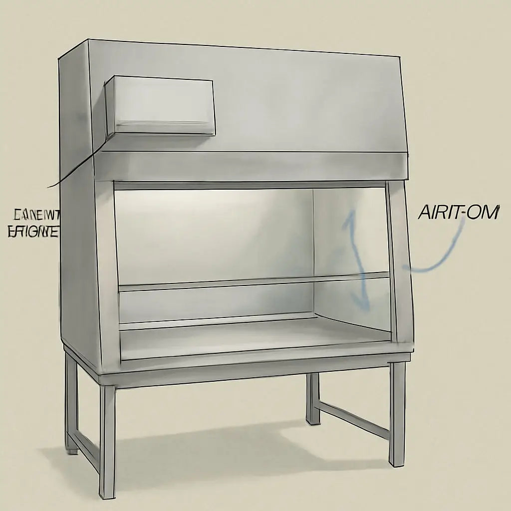 A realistic illustration of a biosafety cabinet with labeled components, showing the HEPA filter, sash, and airflow direction. Alt: Biosafety cabinet labeled diagram.