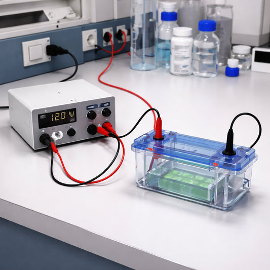 A realistic lab bench with a compact power supply unit, banana plug leads, and a gel tank, showing safe setup practices. Alt: safe setup of cheap gel electrophoresis power supply unit