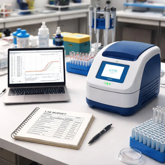 A photorealistic lab bench with a compact qPCR machine, a laptop displaying data, and a notebook with a budget table. Alt: affordable qPCR machine for small labs in a realistic lab setting.