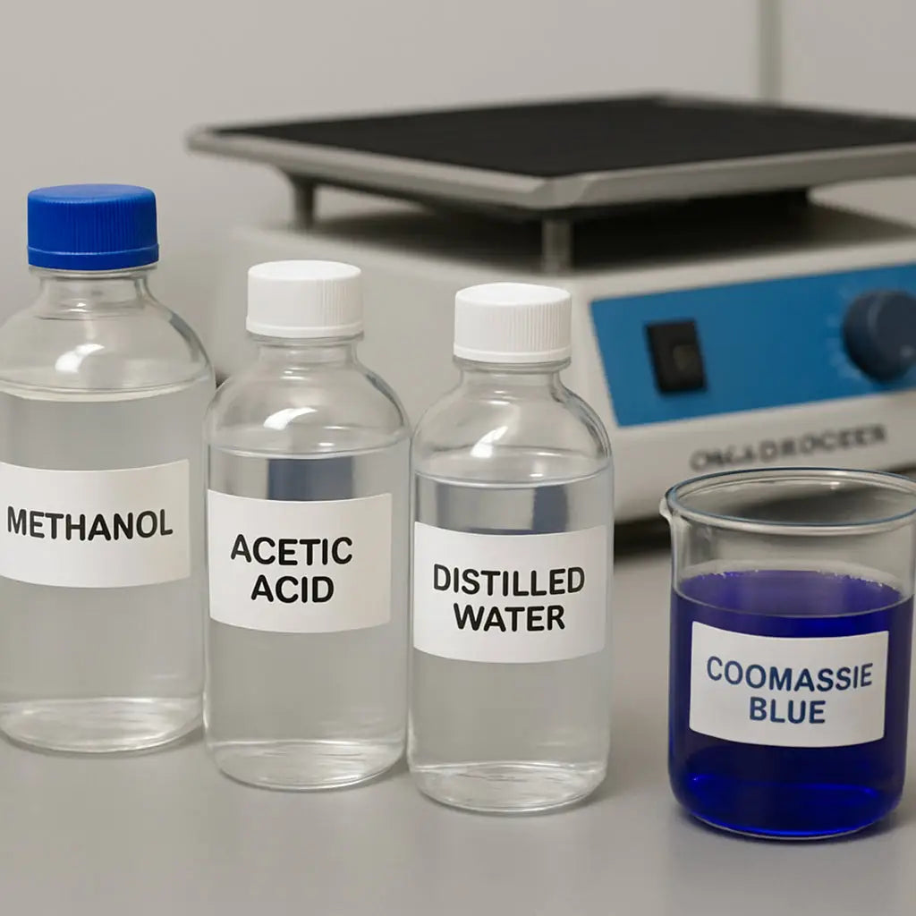 A lab bench with neatly arranged bottles of methanol, acetic acid, distilled water, and a beaker of Coomassie blue staining solution, with a QuadRocker platform in the background. Alt: Coomassie blue staining protocol reagent preparation workspace.