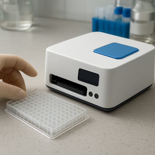 A photorealistic lab bench showing a compact cheap microplate reader beside a 96-well plate, with a researcher’s hand reaching for the device. Alt: cheap microplate reader comparison on bench.
