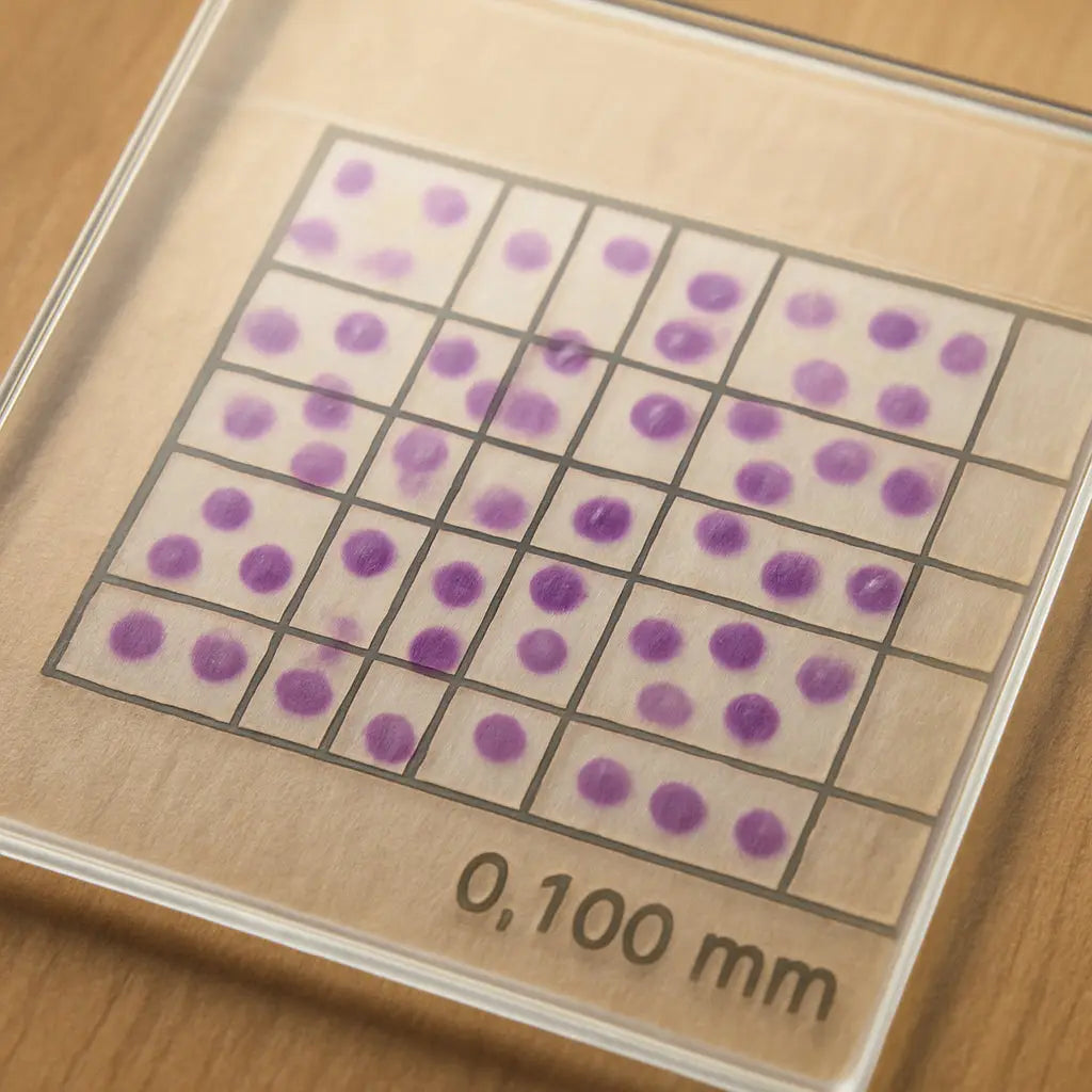 A close‑up illustration of a Neubauer hemocytometer grid filled with stained cells, showing the depth markings and cover slip. Alt: Detailed hemocytometer grid with cells for counting