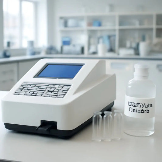 A bright laboratory setting with a spectrophotometer, cuvettes, and a calibration standard bottle on a bench. Alt: Spectrophotometer calibration in a modern lab.