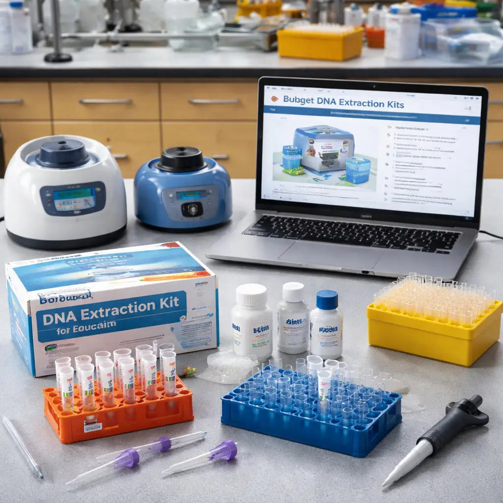 budget DNA extraction kit for high school supplies on a lab bench.