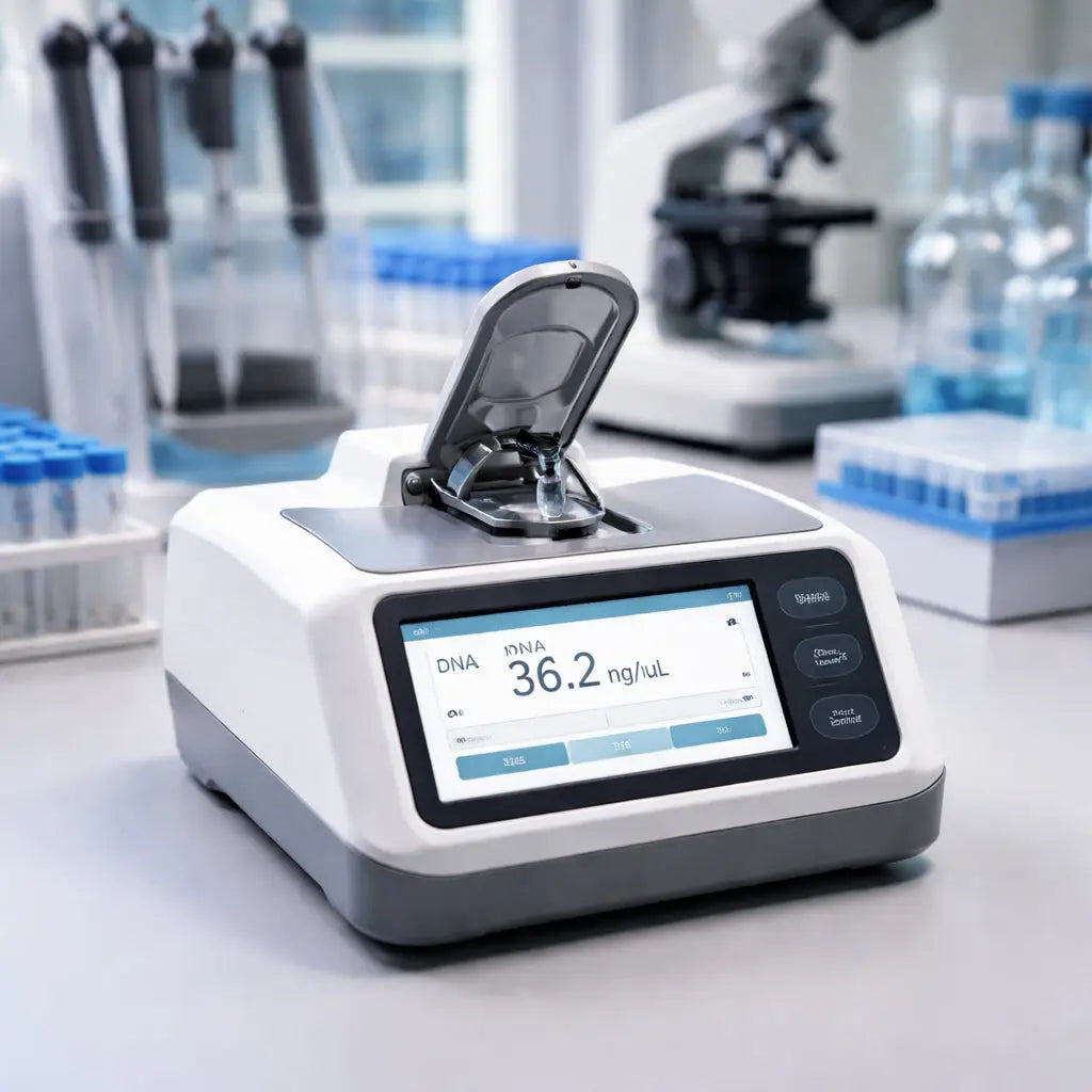 A photorealistic scene of a compact DNA quantification device on a lab bench in a modern genomics lab, showing a small sample drop and a clear 7-inch touchscreen. Alt: affordable DNA quantification device on lab bench for genomics research.