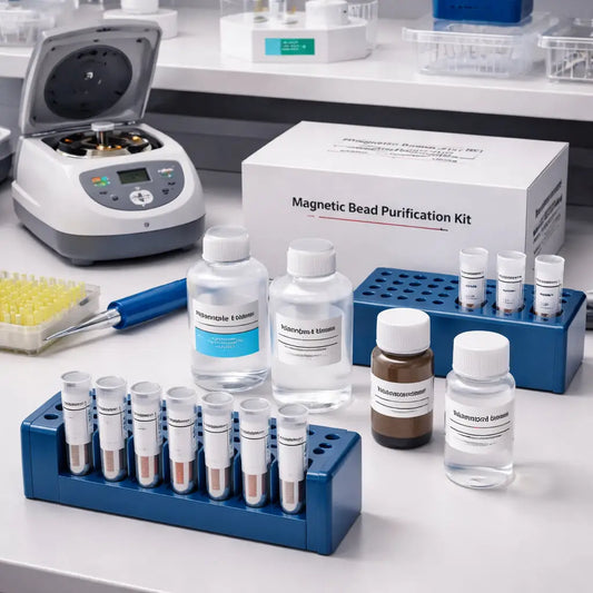A realistic photo of a lab bench showing magnetic bead purification kit tubes, a microcentrifuge, a magnetic rack, and clearly labeled sample tubes ready for processing. Alt: Affordable magnetic bead purification kit workflow on a lab bench.