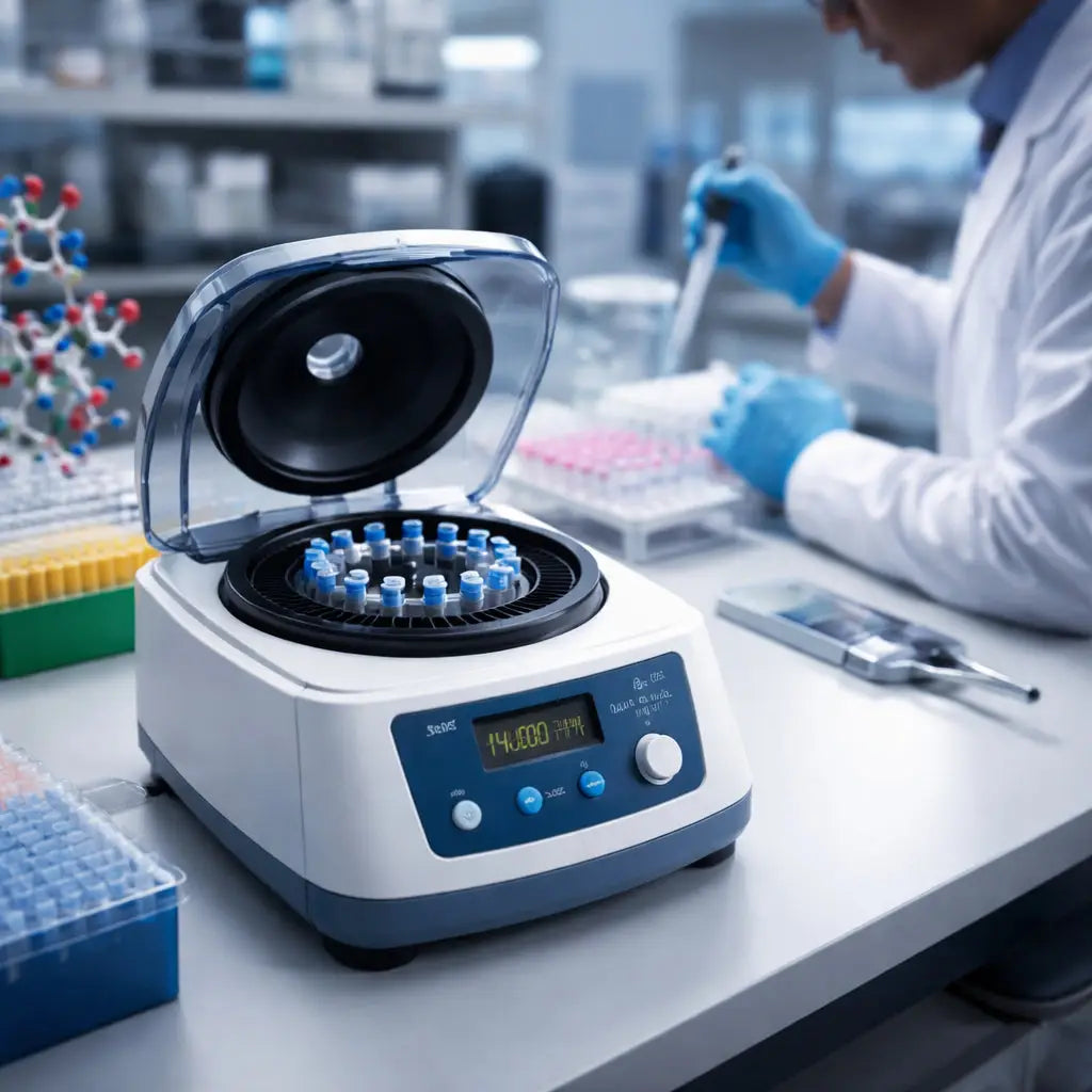 A photorealistic lab bench with an affordable microcentrifuge spinning small tubes, showing a digital display of speed and temperature, realistic lighting, focused on a researcher in a genomics lab. Alt: affordable microcentrifuge for genomics