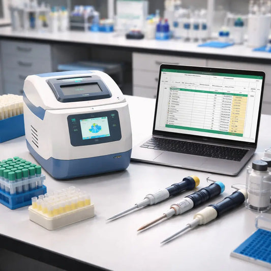 A photorealistic lab bench with an affordable qPCR machine, a laptop showing a budget spreadsheet, and pipettes nearby. Alt: Affordable qPCR machine for research budgeting scene.