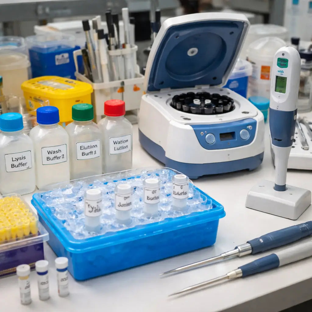 lab setup for low cost RNA extraction, organized reagents and tools.