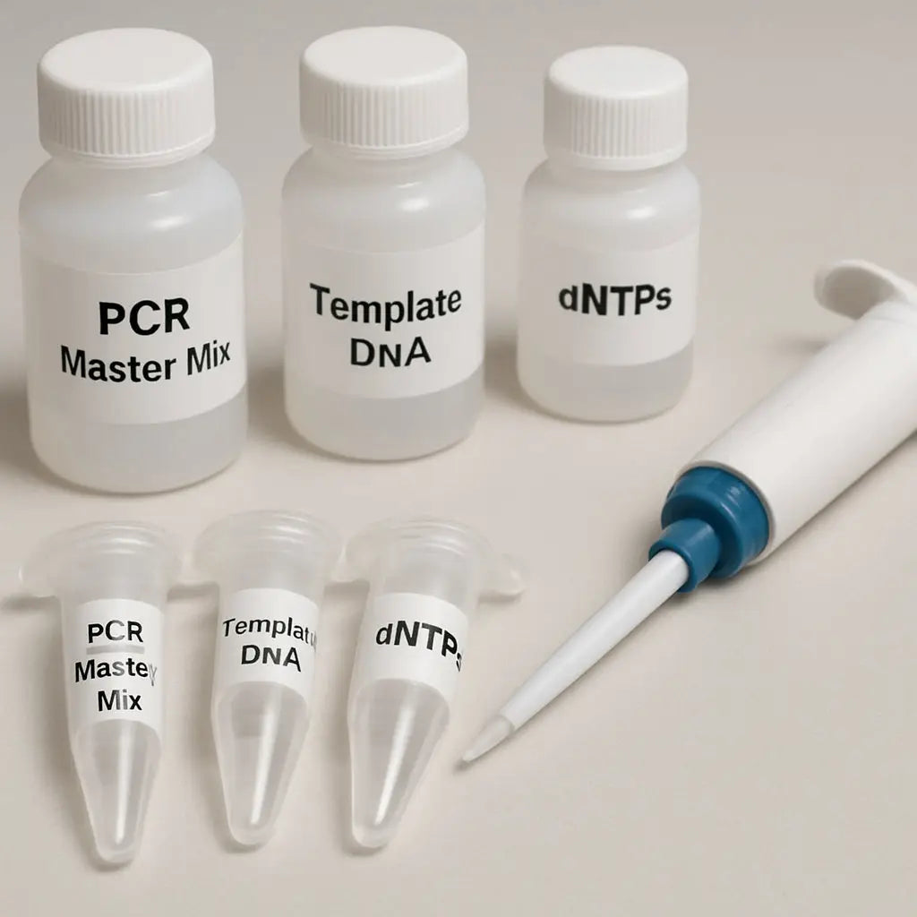 A clean laboratory bench with labeled PCR tubes, a pipette, and reagent bottles arranged in the order of addition for a master mix. Alt: Detailed view of PCR master mix components on a lab bench.