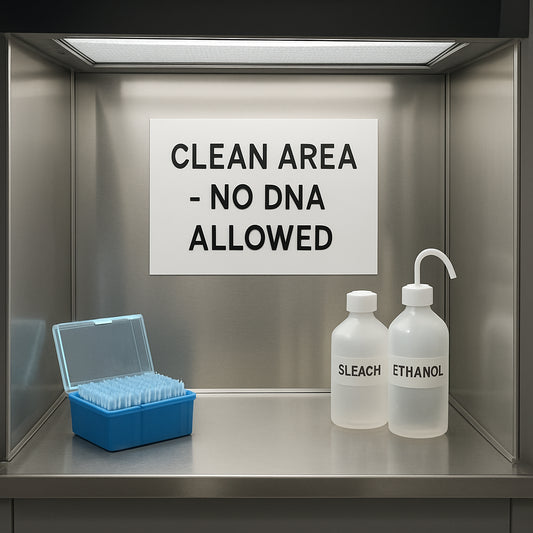 A photorealistic laboratory bench designated as a clean workspace, showing a HEPA‑filtered enclosure, filtered pipette tips, bleach and ethanol bottles, and a clear “Clean Area – No DNA Allowed” sign. Alt: Clean workspace for preventing PCR contamination.