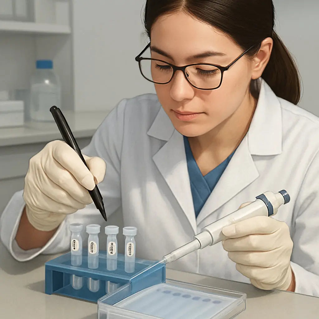 A clear, high‑resolution illustration of a lab technician labeling sample tubes and loading a polyacrylamide gel. Alt: Sample preparation for western blot, labeled tubes, pipette, and gel loading.