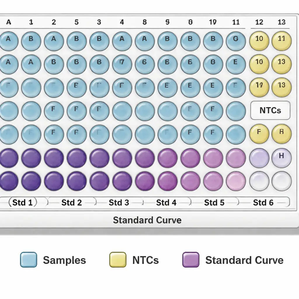 A realistic illustration of a 96‑well qPCR plate showing sample wells, no‑template controls, and a standard curve layout. Alt: 96‑well qPCR plate layout with labeled controls and standards.