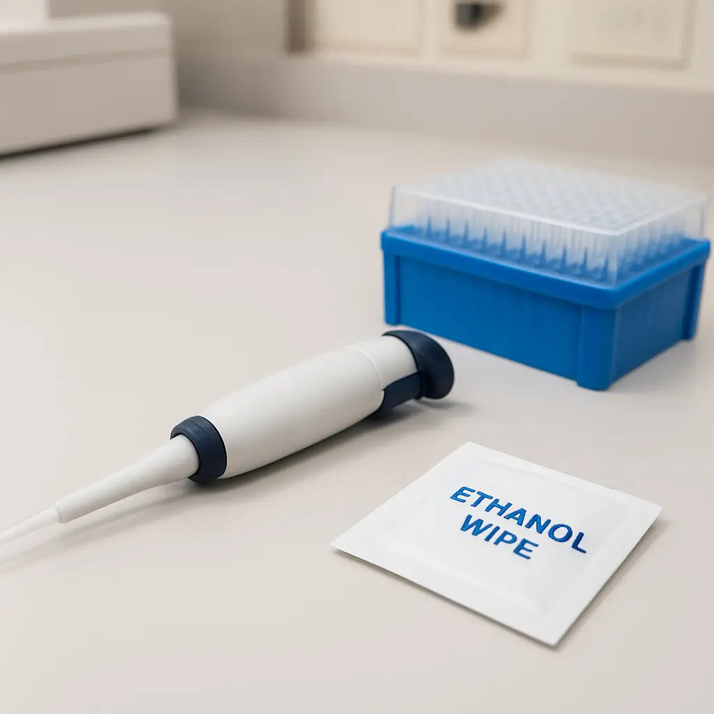 A clean laboratory bench with a micropipette, tip rack, and ethanol wipe in the foreground. Alt: Preparing a micropipette and workspace for accurate pipetting