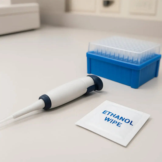 A clean laboratory bench with a micropipette, tip rack, and ethanol wipe in the foreground. Alt: Preparing a micropipette and workspace for accurate pipetting