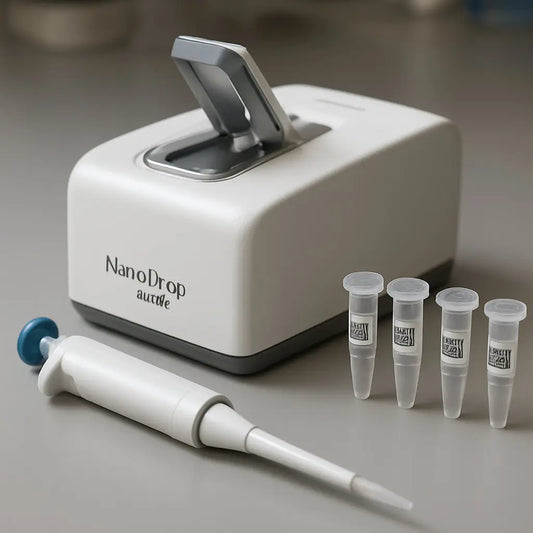 A high‑resolution lab bench with a NanoDrop instrument, a micro‑pipette, and a set of freshly printed QR‑code sample labels on tubes. Alt: NanoDrop sample preparation with clean pedestal and labeled tubes.