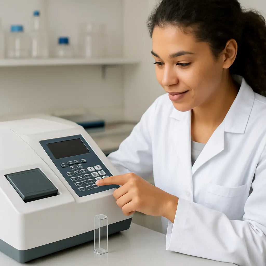 A lab bench with a modern spectrophotometer, a clean cuvette, and a researcher in a lab coat adjusting settings. Alt: Spectrophotometer basics demonstration